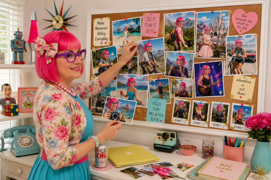 Mandy Florence Mahon creating a vision board with photos of herself visualizing future goals and experiences.