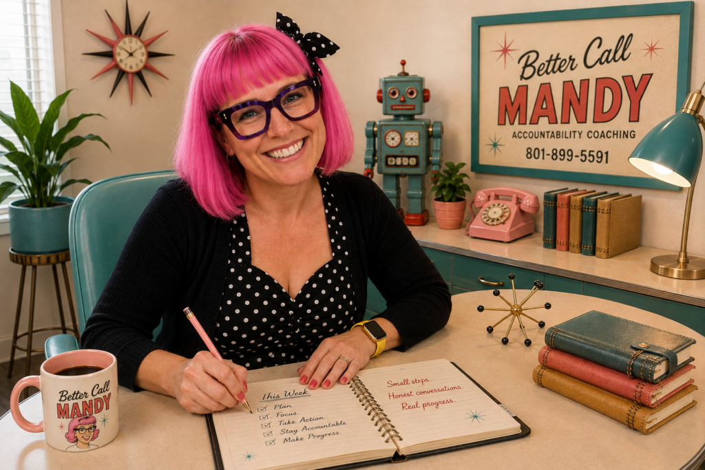 Mandy Florence Mahon, accountability coach at Better Call Mandy, planning weekly goals and actions in her retro-style coaching office.