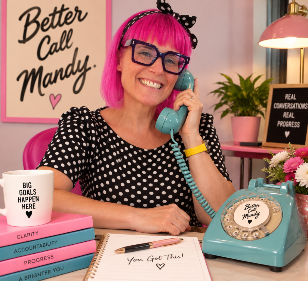 Mandy Florence Mahon, accountability coach, talking on a retro teal telephone