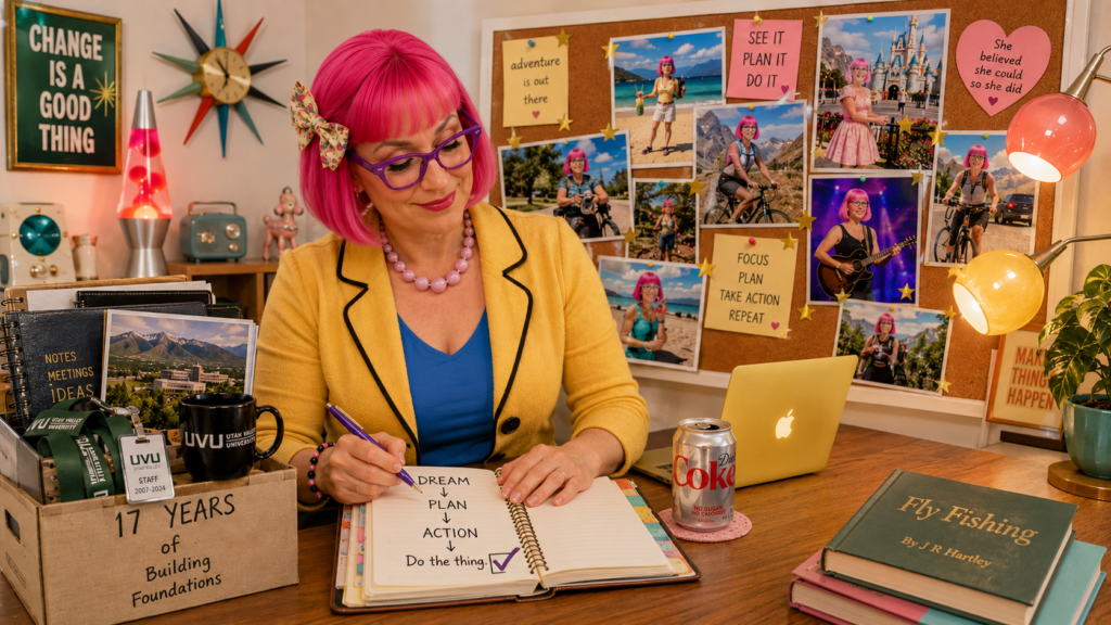 Mandy Florence Mahon writing a dream, plan and action sequence in her goal planner after choosing a new career direction.