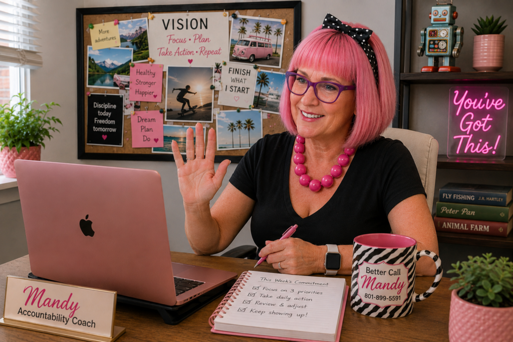 Mandy providing online accountability coaching from her home office, helping a client stay focused on goals, commitments and consistent action.