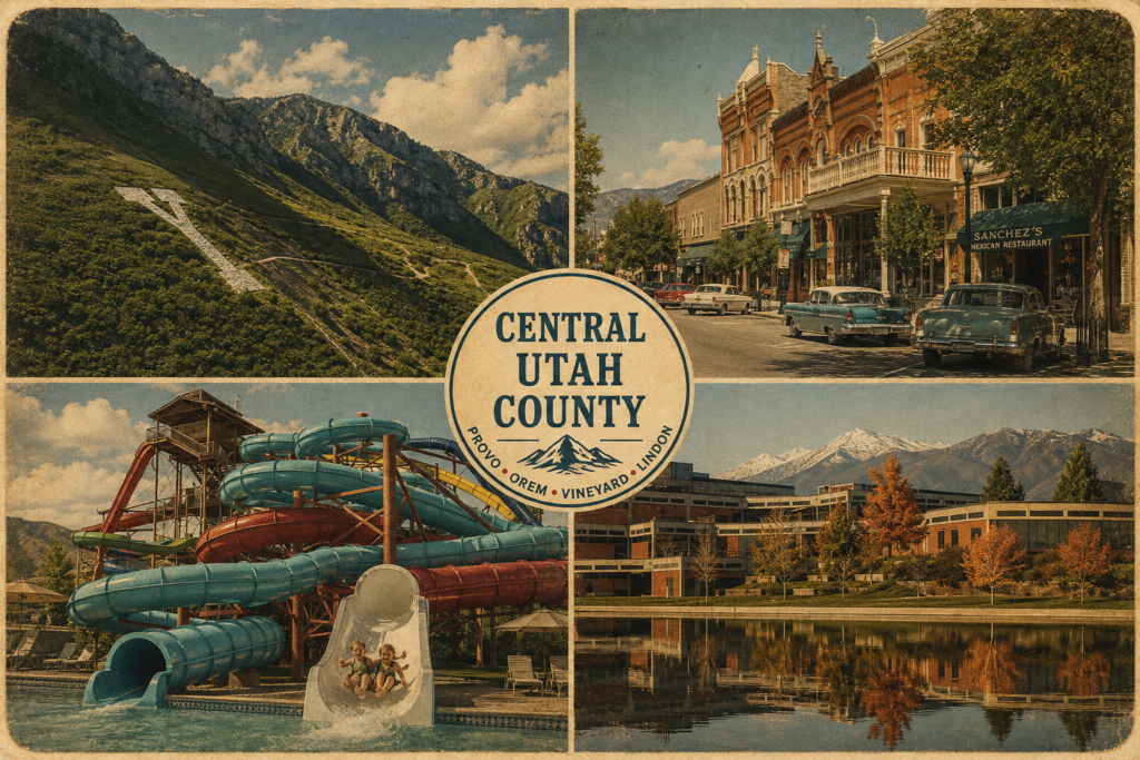Central Utah County landmarks representing Provo, Orem, Vineyard and Lindon, including Y Mountain and historic downtown Provo