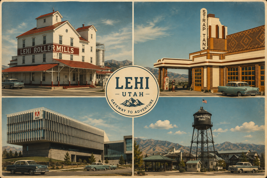 Lehi and North Utah County landmarks including Lehi Roller Mills, Thanksgiving Point and the Adobe campus