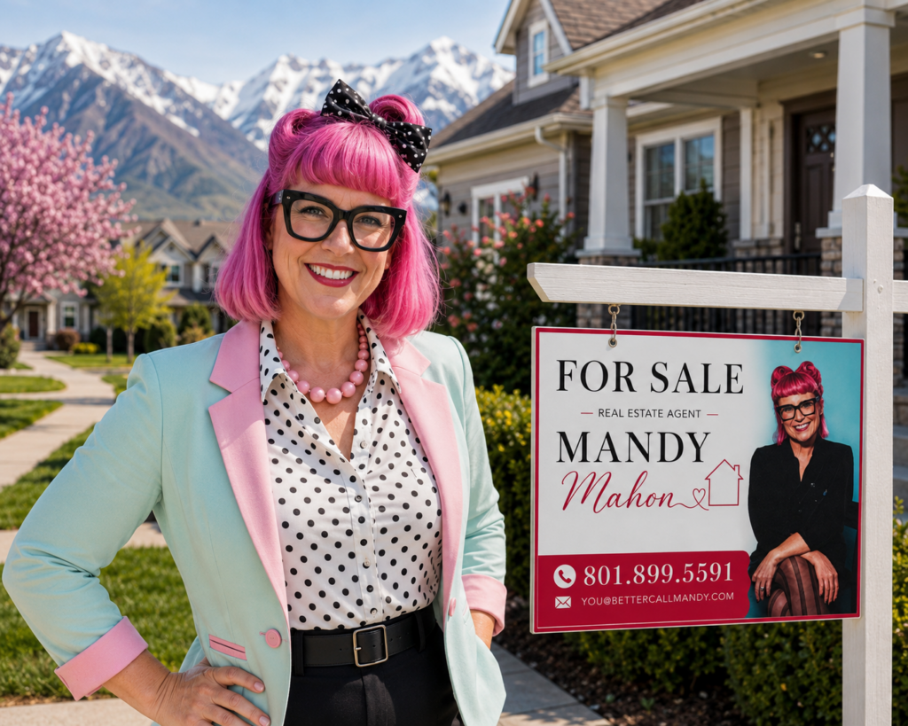 Mandy Florence Mahon, Better Call Mandy Utah real estate agent, outside a Utah home with her real estate sign.