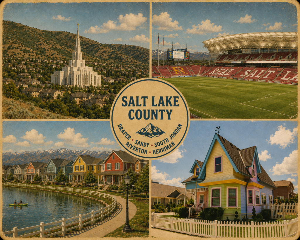 Salt Lake County postcard featuring Draper, Sandy, South Jordan, Riverton and Herriman landmarks and communities