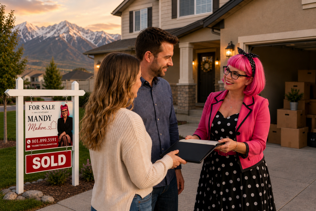 Utah Realtor Mandy Florence Mahon with homeowners after successfully selling their Utah County home
