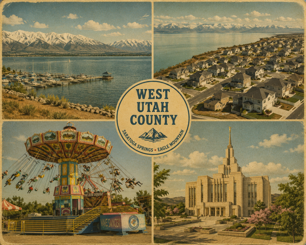 West Utah County postcard featuring Saratoga Springs, Eagle Mountain, Utah Lake, newer neighborhoods and local landmarks