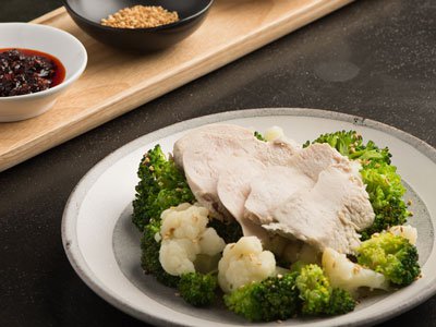 Chicken, Broccoli, & Cauliflower with Soy & Wasabi Dip