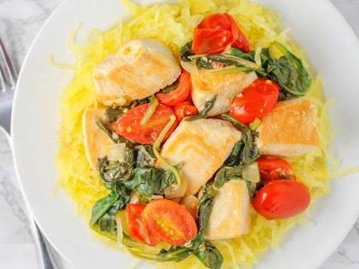 Lemon Chicken Spaghetti Squash with Spinach and Tomatoes